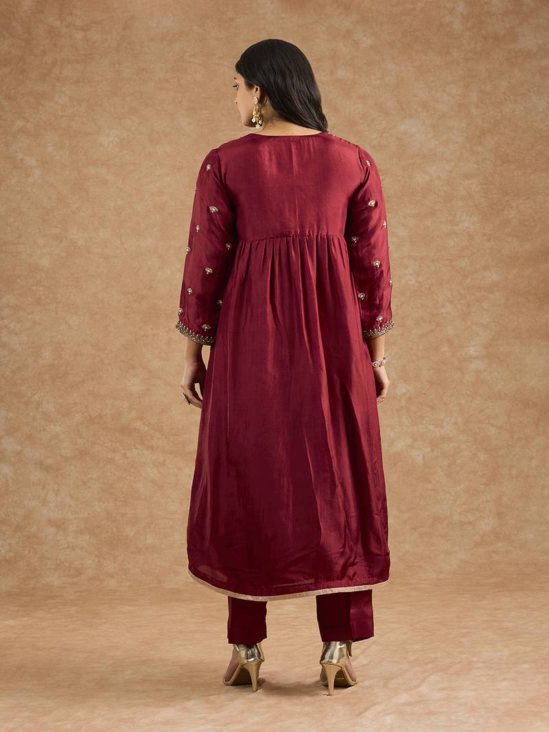Maroon viscose opara silk hand embroidered kurta set