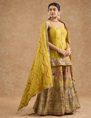 Mustard chinon multocolored thread work peplum sharara set 1