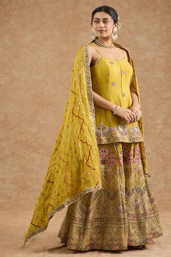 Mustard chinon multocolored thread work peplum sharara set