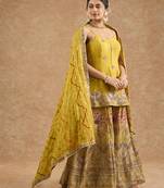 Mustard chinon multocolored thread work peplum sharara set