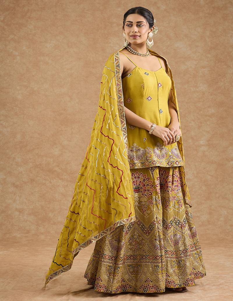 Mustard chinon multocolored thread work peplum sharara set