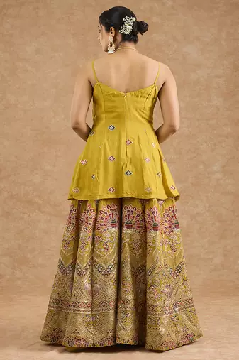 Mustard chinon multocolored thread work peplum sharara set