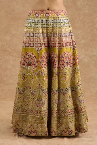 Mustard chinon multocolored thread work peplum sharara set
