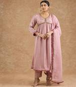 Dull pink viscose opara silk hand embroidered kurta set