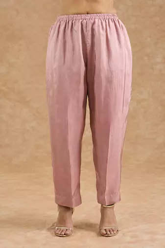 Dull pink viscose opara silk hand embroidered kurta set