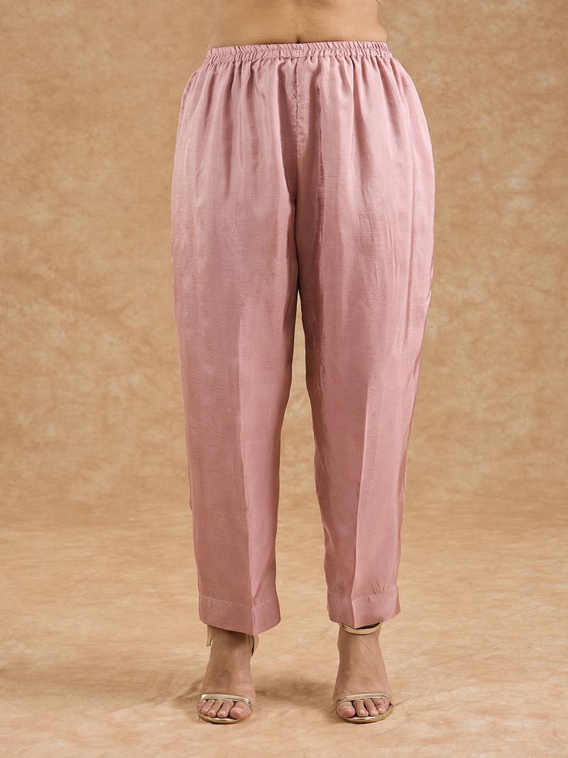 Dull pink viscose opara silk hand embroidered kurta set