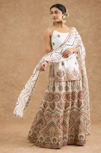 Off white chinon multocolored thread work sharara set