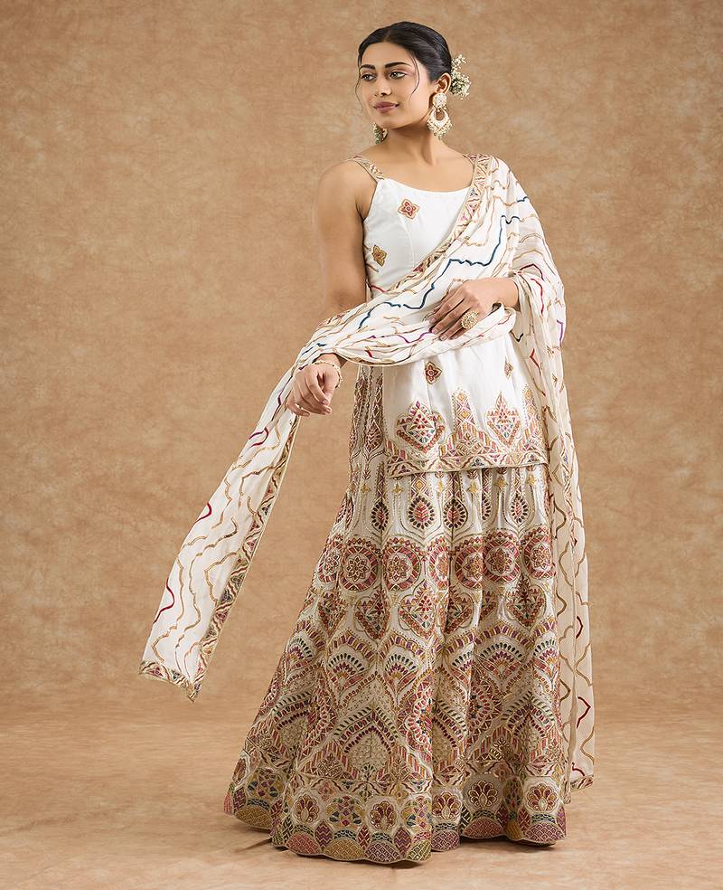 Off white chinon multocolored thread work sharara set