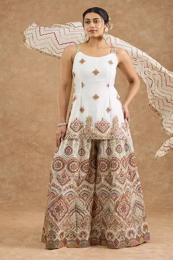 Off white chinon multocolored thread work sharara set