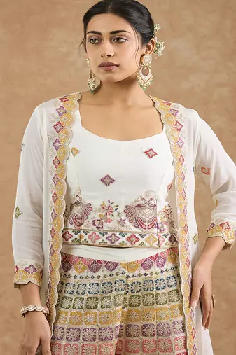 Off white chinon multocolored thread work cape sharara set