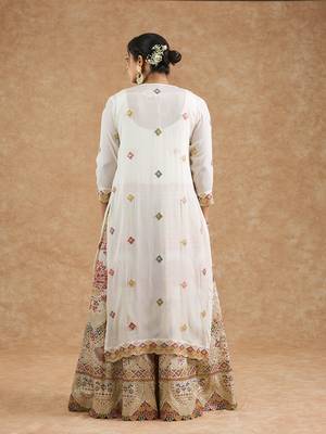 Off white chinon multocolored thread work cape sharara set 3