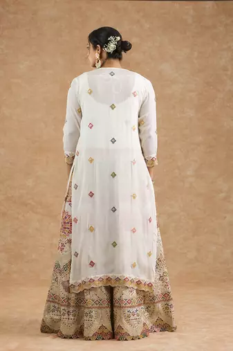 Off white chinon multocolored thread work cape sharara set
