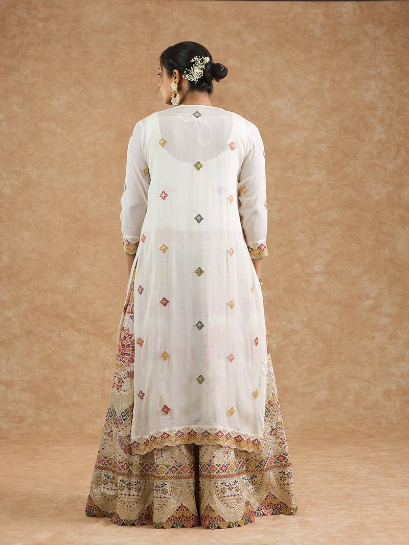 Off white chinon multocolored thread work cape sharara set