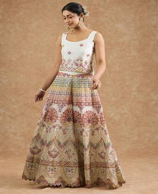 Off white chinon multocolored thread work cape sharara set 1