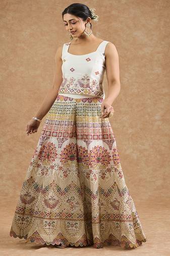 Off white chinon multocolored thread work cape sharara set