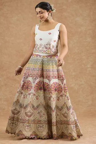 Off white chinon multocolored thread work cape sharara set