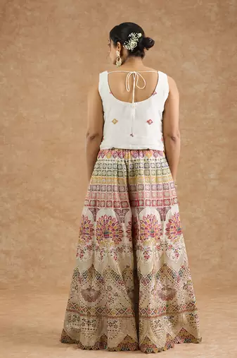 Off white chinon multocolored thread work cape sharara set
