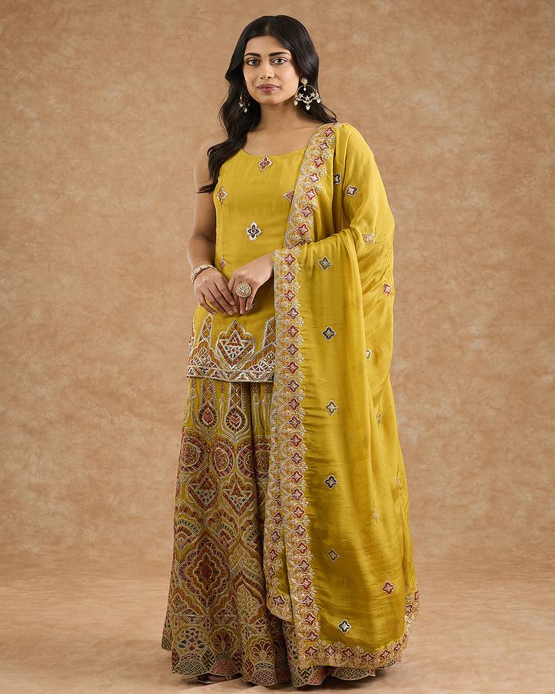 Mustard chinon multocolored thread work  sharara set