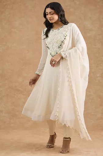 Ivory georgette applique work anarkali set