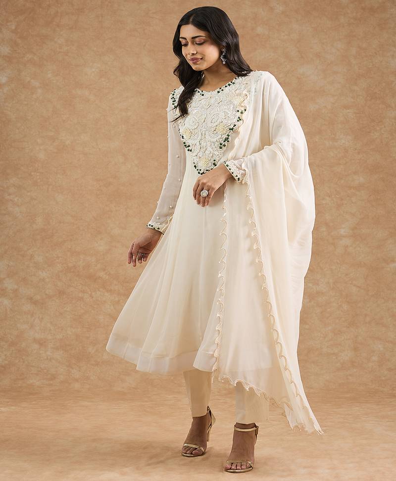 Ivory georgette applique work anarkali set