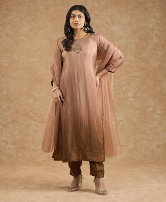 Brown ombre opara silk hand embroidered kurta set 5