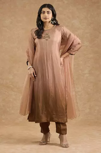 Brown ombre opara silk hand embroidered kurta set