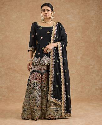 Black chinon multocolored thread work  sharara set 5