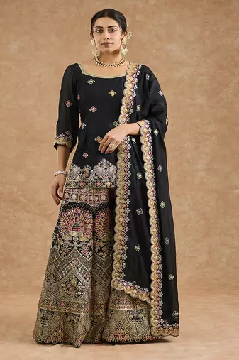 Black chinon multocolored thread work  sharara set