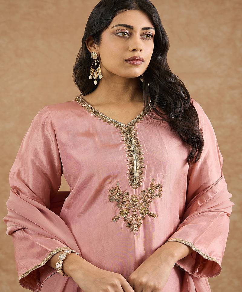 Dull peach opara silk hand embroidered kurta set
