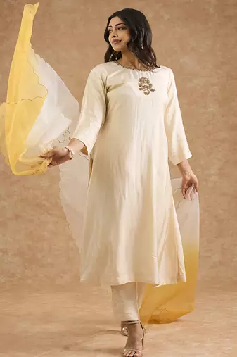 Ivory opara silk hand embroidered kurta set