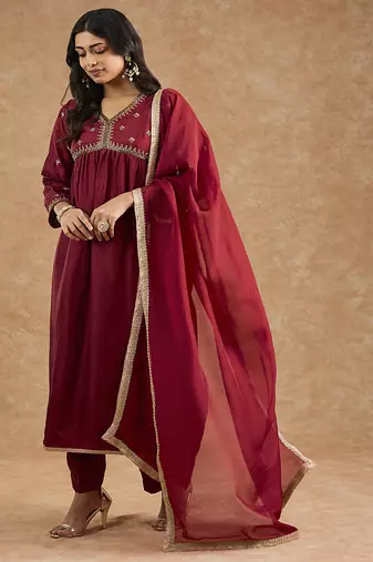 Maroon viscose opara silk hand embroidered kurta set