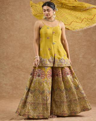 Mustard chinon multocolored thread work peplum sharara set 5