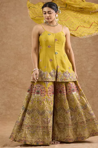 Mustard chinon multocolored thread work peplum sharara set