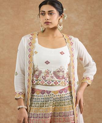 Off white chinon multocolored thread work cape sharara set 5