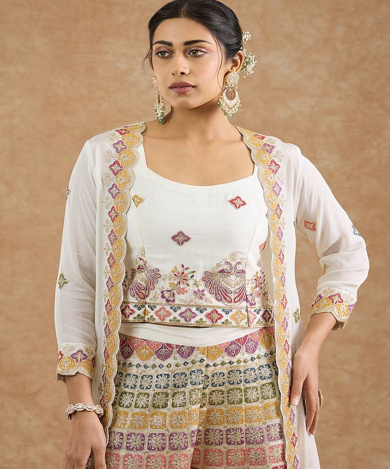 Off white chinon multocolored thread work cape sharara set