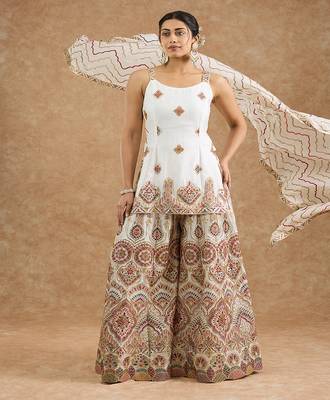 Off white chinon multocolored thread work sharara set 5
