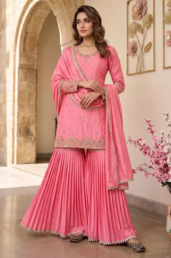 Elegant pink embroidered sharara suit with dupatta