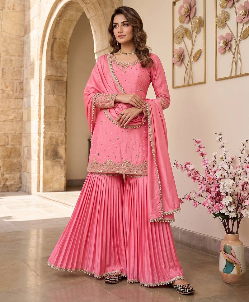 Elegant pink embroidered sharara suit with dupatta