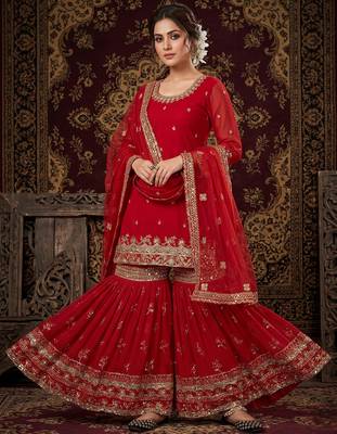 Elegant red embroidered sharara suit with dupatta 1