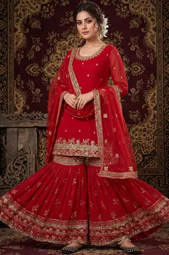 Elegant red embroidered sharara suit with dupatta
