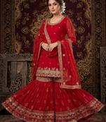 Elegant red embroidered sharara suit with dupatta