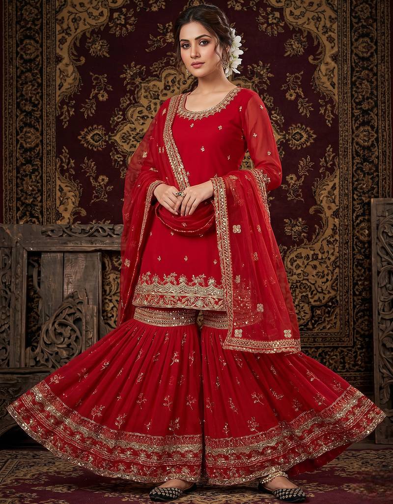 Elegant red embroidered sharara suit with dupatta