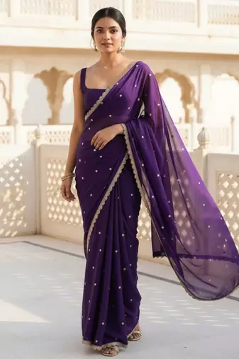 Purple georgette sequence work saree with running blouse piece