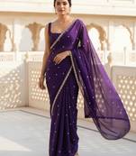 Purple georgette sequence work saree with running blouse piece