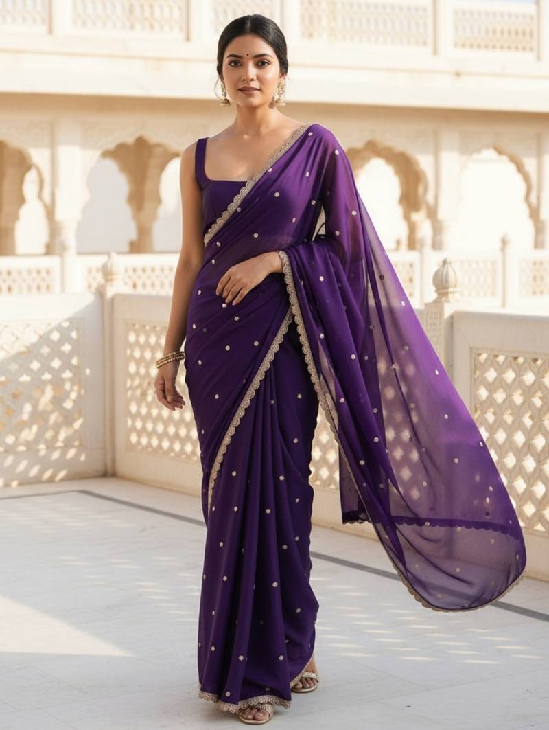 Purple georgette sequence work saree with running blouse piece