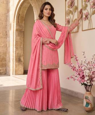 Elegant pink embroidered sharara suit with dupatta 2
