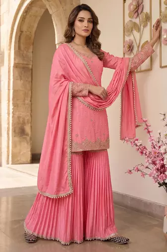 Elegant pink embroidered sharara suit with dupatta