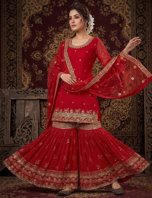 Elegant red embroidered sharara suit with dupatta 2