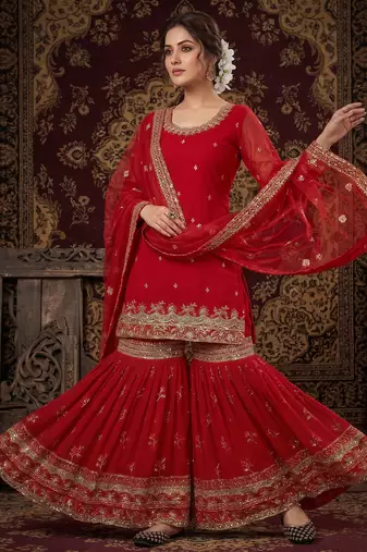 Elegant red embroidered sharara suit with dupatta