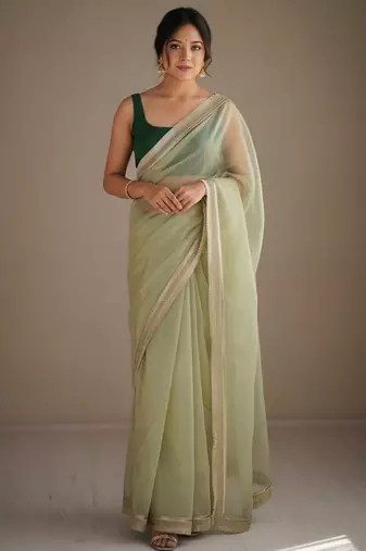 Lighte green net embellished saree with contrast blouse piece